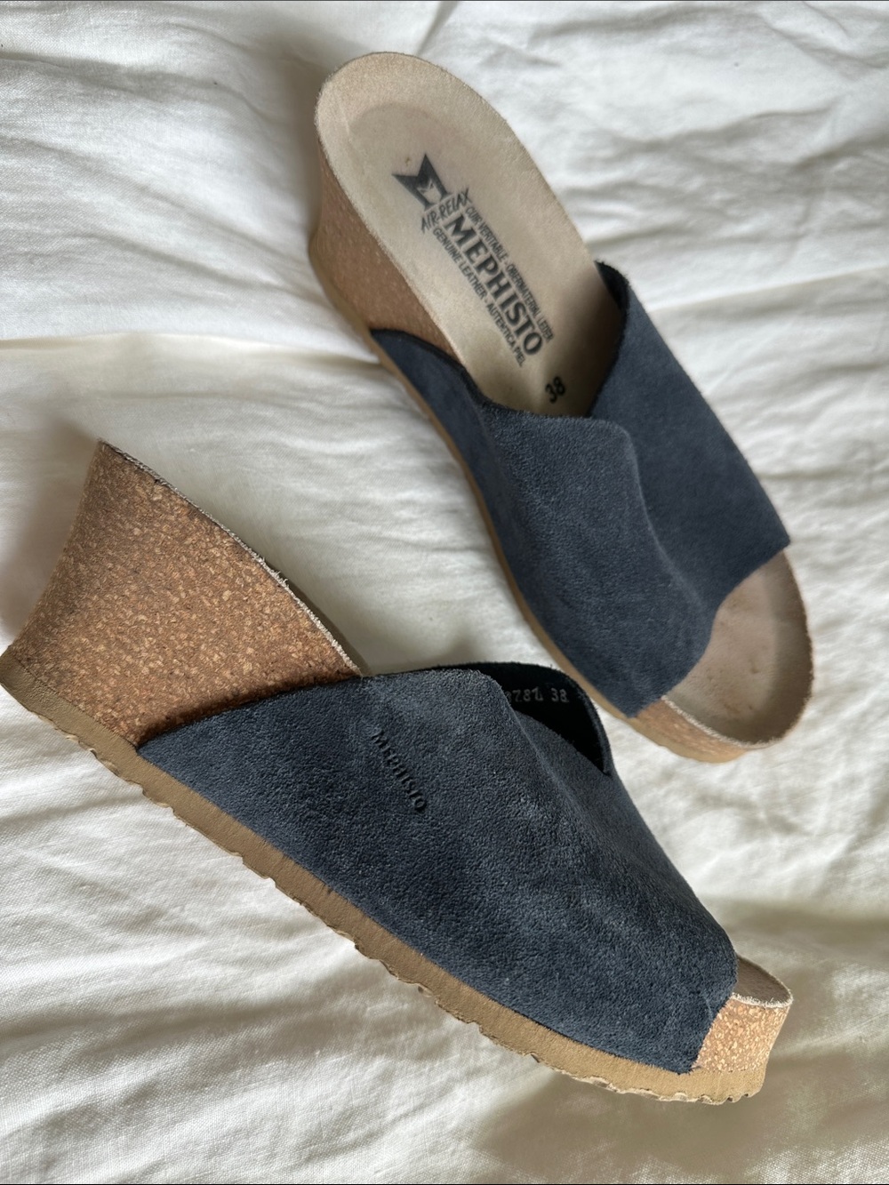 Mephisto Women's Blue Suede Cork Wedge Slide sandals size 38 /7